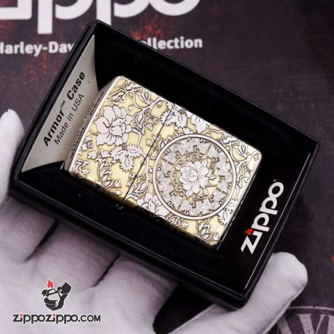 Bật lửa Zippo phiên bản chrome chạm khắc vòm hoa Mẫu Đơn vỏ dày