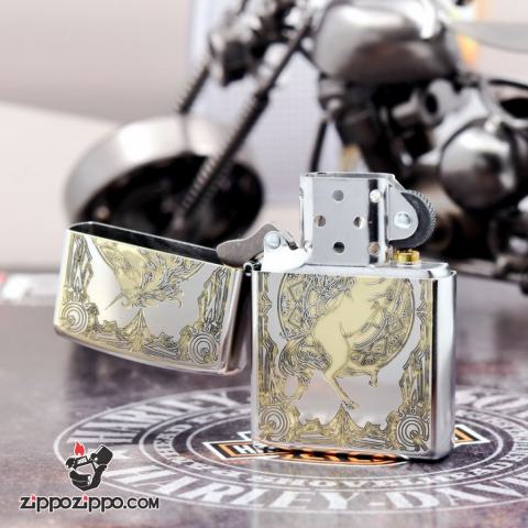 Bật Lửa Zippo Phiên Bản Hàn Quốc Khắc Họa Tiết Kỳ Lân Bản Chrome