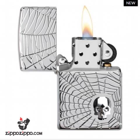Zippo Armor khắc đa chiều hình ảnh mạng nhện đính kèm viên pha lê Swarovski SKULL