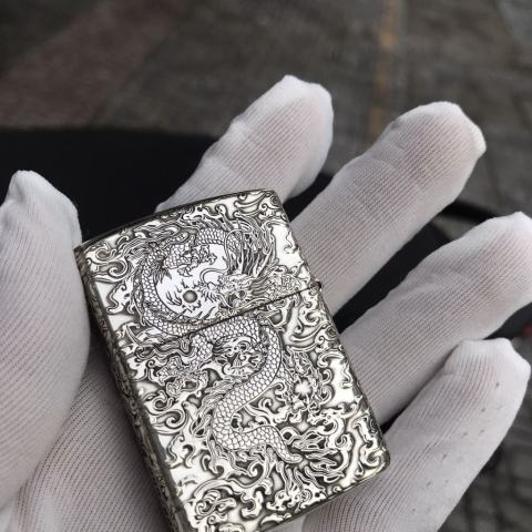 Zippo Bạc Nguyên Khối khắc Rồng sâu bản Limited Armor