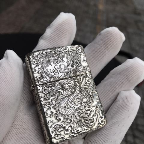 Zippo Bạc Nguyên Khối khắc Rồng sâu bản Limited Armor