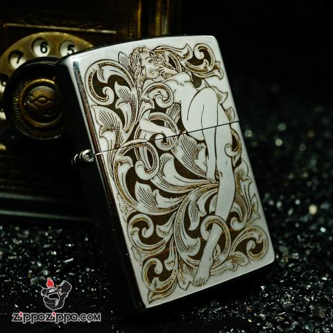 Zippo bạc xước khắc họa tiết cô gái
