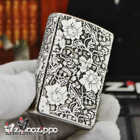 Zippo Chính Hãng Bạc Khối Khắc Vòm Hoa Mẫu Đơn Xung Quanh bản armor