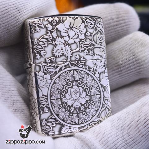 Zippo Chính Hãng Bạc Khối Khắc Vòm Hoa Mẫu Đơn Xung Quanh Phiên Bản Giới Hạn