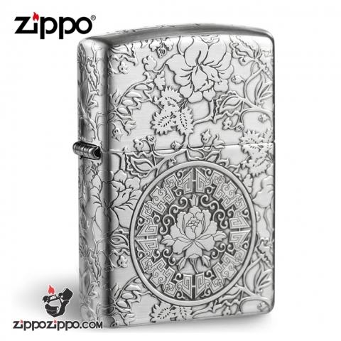 Zippo Chính Hãng Bạc Khối Khắc Vòm Hoa Mẫu Đơn Xung Quanh