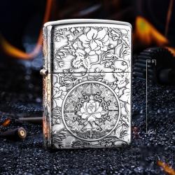 Zippo Chính Hãng Bạc Khối Khắc Vòm Hoa Mẫu Đơn Xung Quanh - Mã SP: ZPC1622