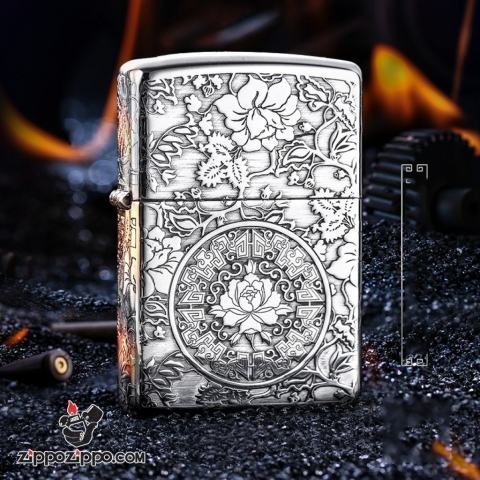 Zippo Chính Hãng Bạc Khối Khắc Vòm Hoa Mẫu Đơn Xung Quanh