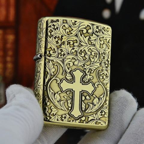 Zippo Chính Hãng Đồng Khắc Hoa Văn Xung Quanh Thánh Giá Bản Amor