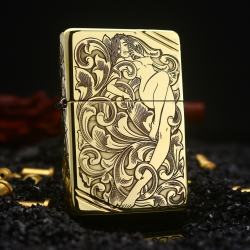 Zippo Chính Hãng Đồng Tái Bản vintage Khấc Cô Gái Trên Hoa Văn Arabesque - Mã SP: ZPC2286