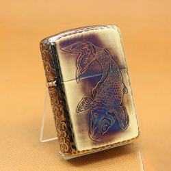 Zippo Chính Hãng Màu Vàng Đốt Khắc Cá Chép Cùng Hoa Văn Arab Vỏ Dày Armor - Mã SP: ZPC1099