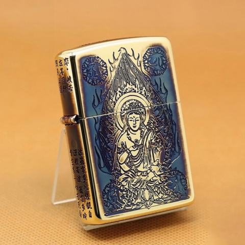 Zippo Chính Hãng Màu Vàng Đốt Khắc Hình Phật Cùng Tâm Kinh