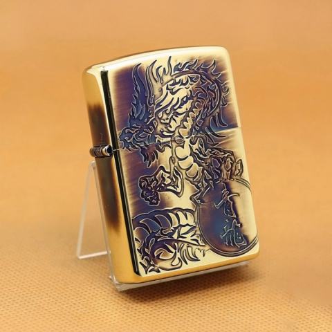 Zippo Chính Hãng Màu Vàng Đốt Khắc Hình Thanh Long