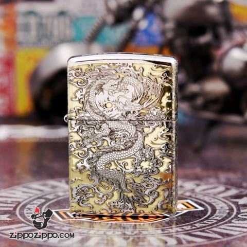 Zippo Chính Hãng Phiên Bản Chrome Khắc Rồng May Mắn Tài Lôc