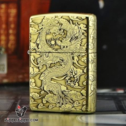 Zippo Chính Hãng Phiên Bản Đồng Si Bóng Khắc Rồng Bay Trên Mây