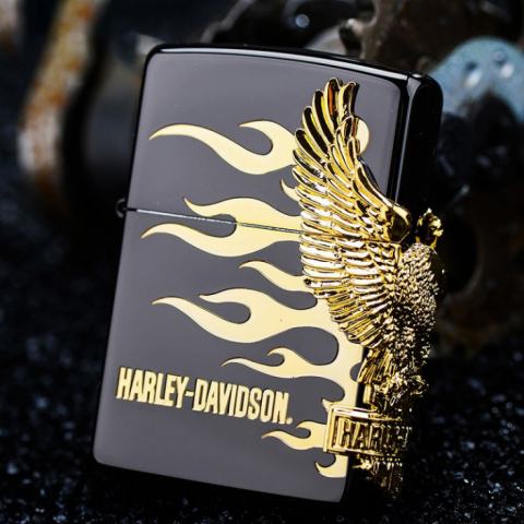 Zippo Chính Hãng Phiên Bản Harley Davidson Màu Đen Có Hình Chim Ưng Mạ Vàng Bên Sườn