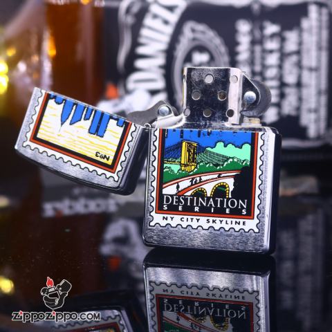 Zippo Cổ bạc xước in tem thành phố Skyline sản xuất 2000
