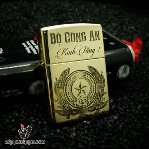 Zippo đồng nguyên chất khắc sâu bộ công an kính tặng bản armor