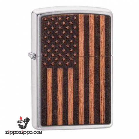 Zippo khắc Laser hình cờ Mỹ trên miếng ốp gỗ